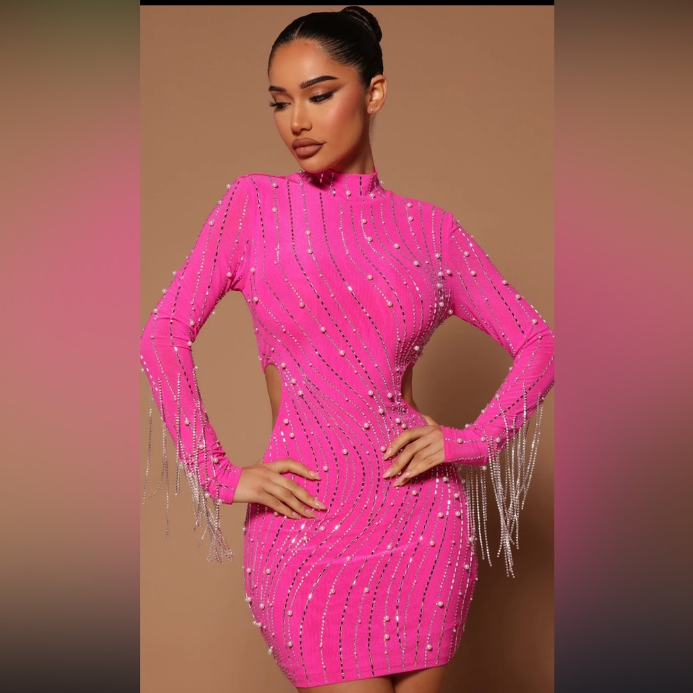 Fashion Nova Luxe Pink Embellished Bodycon Dress Mock Neck